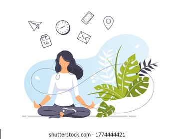 Vector illustration concept of businesswoman practicing meditation in office. The girl sits in the lotus position, the thought process, the inception, and the search for ideas. Practicing Yoga in work
