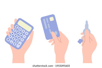Vector illustration concept of buying home. Hand holding calculator, creadit card and house key. Mortgage, house loan and paying credit to bank. Purchase real estate. Calculating home mortgage rate