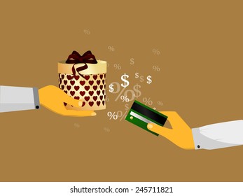 Vector illustration of the concept of buying on credit or by credit card, payment on the map.
