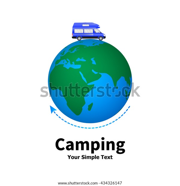 Vector illustration of a concept of camping.\
Planet earth with car camping. Travelling by car. Isolated on white\
background.