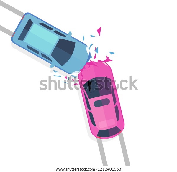 Vector illustration concept of car accident. Top\
view of two cars crash isolated on white background ib flat cartoon\
style.