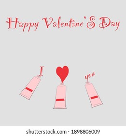 Vector illustration concept of valentine’s card with text I love you came out of paint tubes in pink on silver gray background 