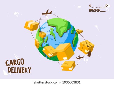 vector illustration of the concept of cargo delivery around the world, boxes with cargo spinning around the globe