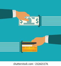 Vector illustration concept of cash and non-cash money circulation with bank credit card and banknote