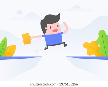 Vector illustration concept of challenge. Young man with briefcase jumping across the gap.