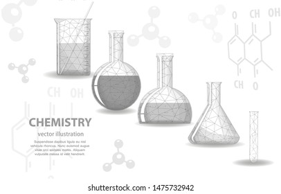 Vector illustration concept, chemical glassware, on a white background, symbolizes science research experiments . Discoveries in chemistry medicine and pharmacology.