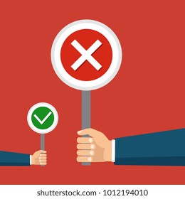 Vector illustration. The concept of choice, the right choice and a wrong decision.