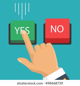 Vector illustration. The concept of choice, the right choice and a wrong decision. Hand, finger pressing buttons no or yes. 