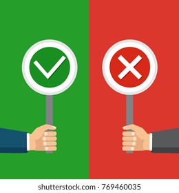 Vector illustration. The concept of choice, the right choice and a wrong decision.
