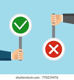 Vector illustration. The concept of choice, the right choice and a wrong decision.