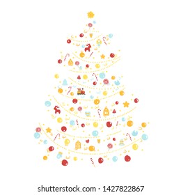 Vector illustration of the concept of a Christmas tree with decorations, children's toys in a simple hand-drawn style.
