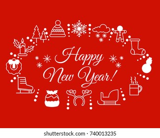 Vector illustration concept of Christmas wreath with different Christmas and new year celebration elements and doodles. Greeting card.