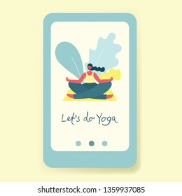 Vector illustration concept of city park sport lifestyle Mobile App on screen of smartphone. Woman do yoga in flat style for Website or Web Page. 