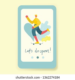 Vector illustration concept of city park sport lifestyle. Mobile app on screen of smartphone. Man do sport in flat style for website or web page.