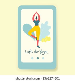 Vector illustration concept of city park sport lifestyle. Mobile app on screen of smartphone. Woman do yoga in flat style for website or web page.