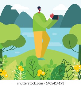 Vector illustration concept of city park  lifestyle, take a photo.  Eco and healthy sport concept in the flat style