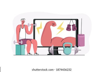 Vector illustration concept of classes, sports, strength exercises at home, with help of online broadcast trainer, training. It shows man pumping his biceps against background enlarged monitor.