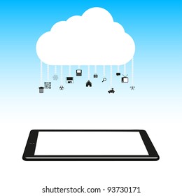 Vector illustration. Concept cloud with computer tablet.