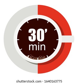 Vector illustration of the concept of coffee break time. a cup of coffee to fill small breaks when working or meeting. Hour symbol of 30 minutes. Company culture
