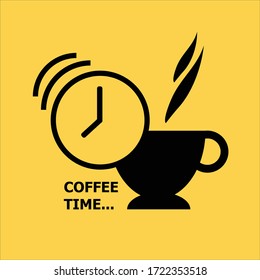 Vector illustration concept of coffee time with icon of hot coffee with smoke and a ring clock on a yellow background.