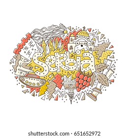 The vector illustration of the concept with the colorful bright symbols of Serbia. 