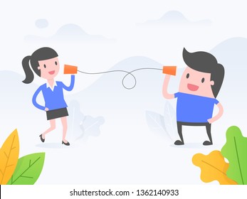 Vector Illustration Concept Of Communication. Business People Talking With Paper Cup Phone.