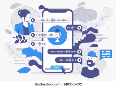 Vector illustration of the concept of communication in messengers voice messages between a girl and a man
