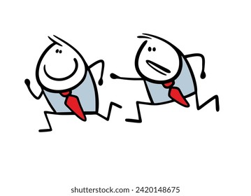 Vector illustration of  concept of competition in business. Cartoon businessman runs to success,  disgruntled work colleague catches up with him. Luck and failures.  Isolated on white background.