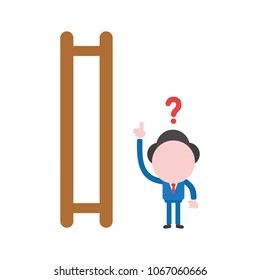 Vector illustration concept of confused businessman character and wooden ladder with missing steps.