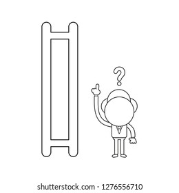 Vector illustration concept of confused businessman character pointing top of ladder with missing steps. Black outline.