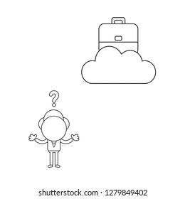 Vector illustration concept of confused businessman character with briefcase on cloud. Black outline.