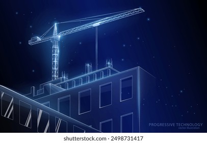 Vector illustration concept, construction view of an unfinished building and a tower crane on a blue background, project, infrastructure, idea, business.