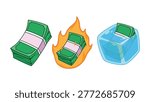 vector illustration concept contrasting a stack of cash in extreme conditions blazing hot money engulfed in fire flames, and cold money frozen solid inside a block of ice