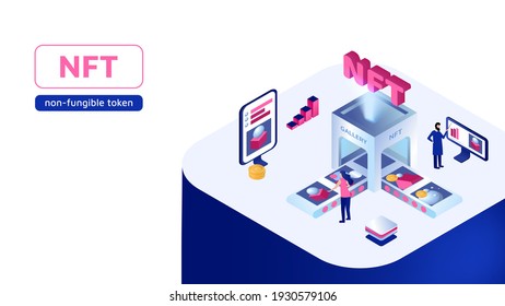 Vector illustration concept of converting artwork into digital NFT tokens. Banner for website and news