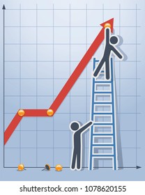 Vector illustration. Concept of cooperation that leads to success. Two stick figures move a graph up and pin it.