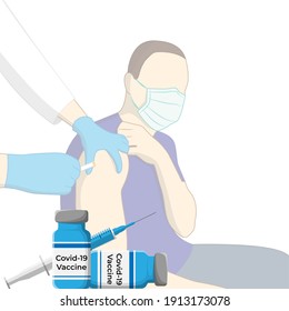 Vector illustration concept of Coronavirus vaccination. Doctor vaccinate patient with Covid-19 vaccine in syringe. Covid 19 immunization treatment. Corona vaccine.