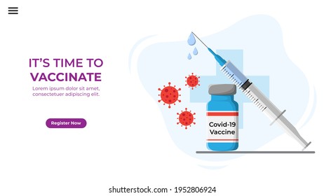 Concepto de ilustración vectorial de la plantilla de banner de información de vacunación Coronavirus con jeringa y vacuna para sitio web, ui, página de inicio, página de inicio, medios sociales. Vacuna para el tratamiento con Covid-19.