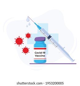 Vektorgrafik-Konzept der Coronavirus-Impfung Banner-Vorlage mit Spritze und Impfstoff für Website, ui, Homepage, Landing-Page, Social Media. Impfstoff zur Behandlung mit Covid-19.