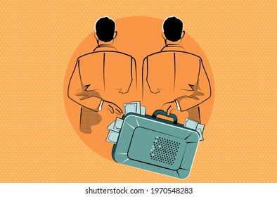 Vector illustration, concept of corruption, two men behind their backs hand over money, bribe in suitcase, facebook cover