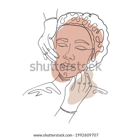 Vector illustration concept of cosmetic procedures or facial massage. Linear drawing of female face boho style, spots in beige tones