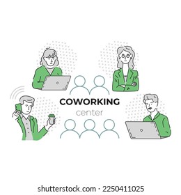 Vector illustration with concept of coworking center with green and gray colors. Four business persons with coffee, laptops and smartphones on isolated background.