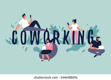 Vector illustration concept for co-working space. Young people freelancers working on laptops and computers