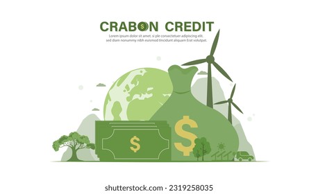 vector illustration concept of credit crabon with green icons Certification to drive industries and companies towards low emissions and carbon offsets.