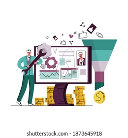 Vector illustration concept CRO, AB test, startup, attracting subscribers, buyers, increasing sales, advertising, SEO, business. Abstract worker repairs the site. Sales funnel is in background.