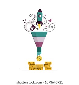 Vector illustration concept CRO, startup, attracting subscribers, buyers, increasing sales, advertising, SEO, business. Rocket is shown taking off from sales funnel.