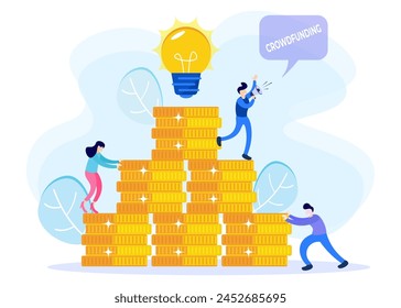 Vector illustration of the concept of crowdfunding as raising funds for business projects. Financial support and campaigns for new startup companies with innovative ideas.