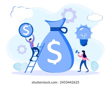 Vector illustration of the concept of crowdfunding as raising funds for business projects. Financial support and campaigns for new startup companies with innovative ideas.