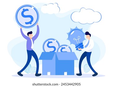 Vector illustration of the concept of crowdfunding as raising funds for business projects. Financial support and campaigns for new startup companies with innovative ideas.