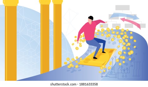 Ilustración vectorial del concepto de criptodivisa, el uso del mercado monetario digital de Bitcoin, la financiación en línea y la inversión en bitcoin y blockchain. Nuevo diseño plano de tecnología.