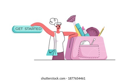 Vector illustration with concept CTA buttons, web page design, design, cosmetics, fashion, makeup. Female customer is depicted on background of enlarged cosmetic bag and button.